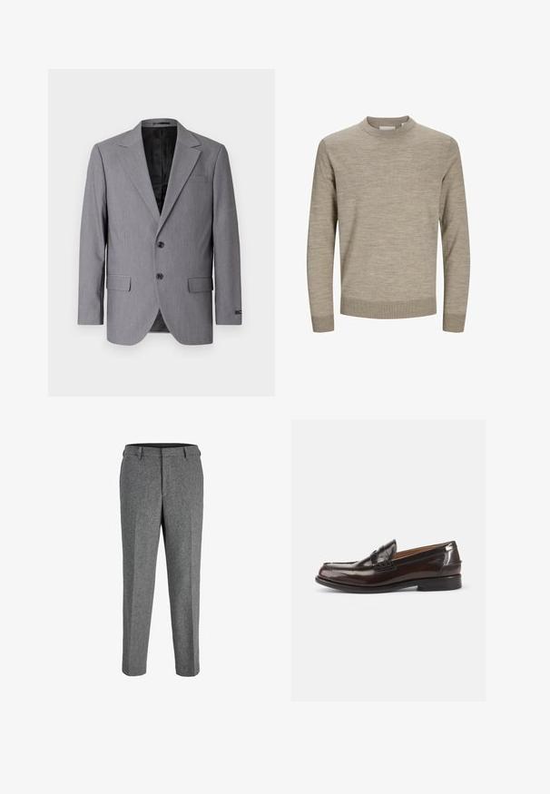 Gray blazer with a smooth texture, single-breasted design, notch lapels, two buttons, and two side pockets; lined interior visible.; Beige long-sleeve crew neck sweater with ribbed cuffs and hem, displayed on a white background.; Gray wool blend trousers with a straight cut, featuring a flat front, belt loops, and a textured finish.; Brown leather loafers with a shiny finish, a stitched design at the toe, and a low heel. Side embossed branding detail is present.