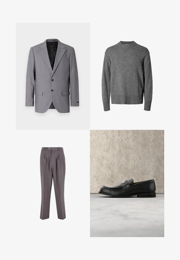 Sivý blazer s hladkou textúrou, jednoradový design, zárezové klopy, dva gombíky a dva bočné vrecká; viditeľné podšívkové vnútro.; Sivý dlhý rukáv sveter s okrúhlym výstrihom a rebrovanými manžetami, lemom a výstrihom, vyrobený z jemnej pleteniny.; Sivé plisované nohavice vyrobené z hladkej tkaniny, s rovného strihu, jedným gombíkom na zapínanie a šikmými bočnými vreckami.; Čierny kožený loafer s kovovou značkovou platničkou ležiaci pri hnedom okrúhlom stole na béžovej koberci.