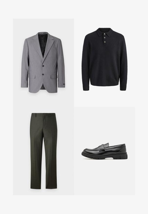 Grå blazer med en glat tekstur, enkeltknappet design, jakkelapper, to knapper og to sidelommer; foret inderside synlig.; Mørkeblå langærmet strikket sweater med krave og tre knapper ned foran.; Mørkegrønne skræddersyede bukser med en glat tekstur, lige pasform, bæltestropper og frynser foran. Ingen synlige lommer eller dekorationer.; Sort læder loafersko med en bred rem over forfoden, gummisål med tykke mønstre og glat overflade. Klassisk, slankt design.