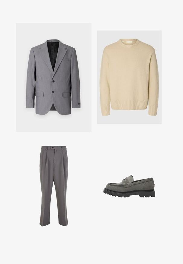 Blazer gris avec une texture lisse, design à boutonnière simple, revers crantés, deux boutons et deux poches latérales ; intérieur doublé visible.; Pull crème en tissu texturé. Présente un col rond côtelé et des poignets côtelés, avec une coupe décontractée et des manches longues.; Pantalons plissés gris en tissu lisse, avec une coupe droite, une fermeture à un bouton et des passants de ceinture. Design minimaliste.; Mocassin en daim gris avec semelle épaisse à crampons noire et détail de bride à languette, vue de côté sur fond blanc.