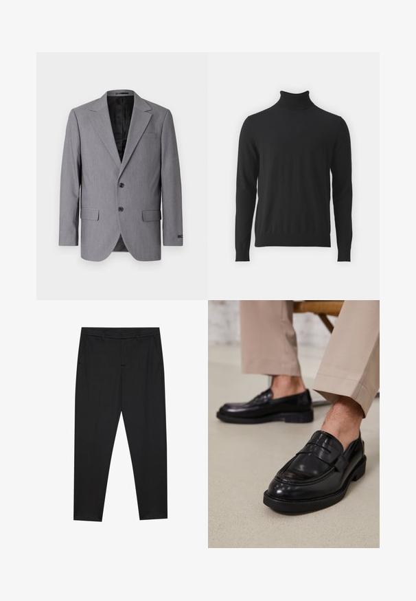 Gray blazer with a smooth texture, single-breasted design, notch lapels, two buttons, and two side pockets; lined interior visible.; Black turtleneck sweater made from soft fabric, featuring long sleeves and a ribbed collar, with a smooth texture and fitted design.; Pier One by Zalando PUNTO TAILORED PANTS - Chinos - black; Black leather loafers with a smooth finish, featuring a decorative strap and contrast stitching, paired with beige trousers.