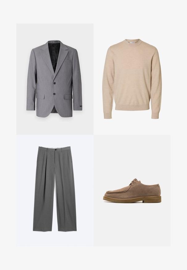 Grauer Blazer mit glatter Textur, einreihigem Design, Reverskragen, zwei Knöpfen und zwei Seitentaschen; gefüttertes Innenfutter sichtbar.; Beiger Langarmpullover mit Rundhalsausschnitt aus weichem Strickstoff, mit gerippten Bündchen und Saum, für Herren entworfen.; Graue formelle Hosen mit geraden Beinen, vorderen Bügelfalten, Seitentaschen, Gürtelschlaufen und einem vorderen Knopf- und Reißverschluss.; Zign LEATHER - Sportlicher Schnürer - taupe