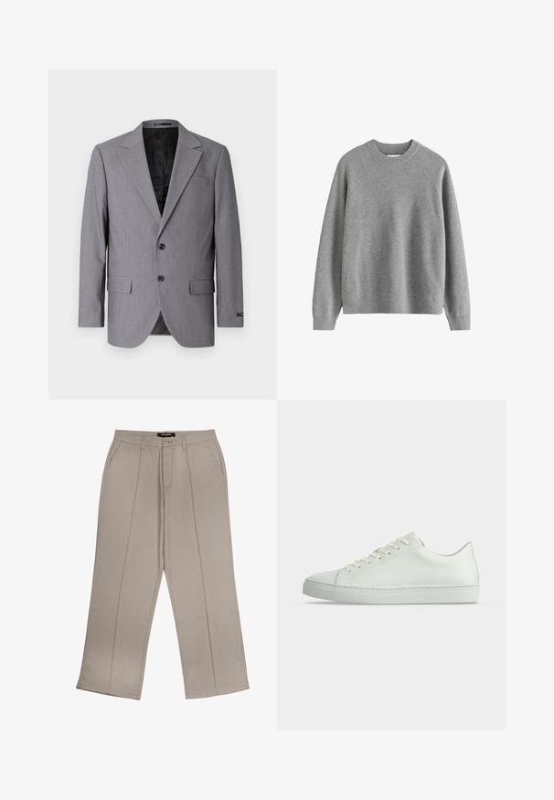 Sivý blazer s hladkou textúrou, jednoradový design, zárezové klopy, dva gombíky a dva bočné vrecká; viditeľné podšívkové vnútro.; Sivý pletený sveter s dlhým rukávom a okrúhlym výstrihom, s rebrovanou textúrou a manžetami, zobrazený na bielom pozadí.; Béžové široké nohavice vyrobené z látky, s prednými vreckami, zipsom a dvoma vertikálne prešitými líniami na každej nohe.; Biely nízky teniska s šnúrkami, hladkým koženým zvrškom a plochou gumovou podrážkou, zobrazená z boku na jednoduchom pozadí.
