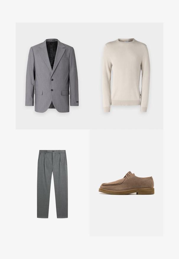 Grå blazer med en glat tekstur, enkeltknappet design, jakkelapper, to knapper og to sidelommer; foret inderside synlig.; Beige striktrøje med et struktureret mønster, rund halsudskæring og ribbede manchetter og kant. Fremstillet af blødt, åndbart materiale.; Grå formelle bukser med frontfolder, sidelommer, bæltestropper og knaplukning i taljen mod en hvid baggrund.; Zign LEATHER - Sporty snøresko - taupe