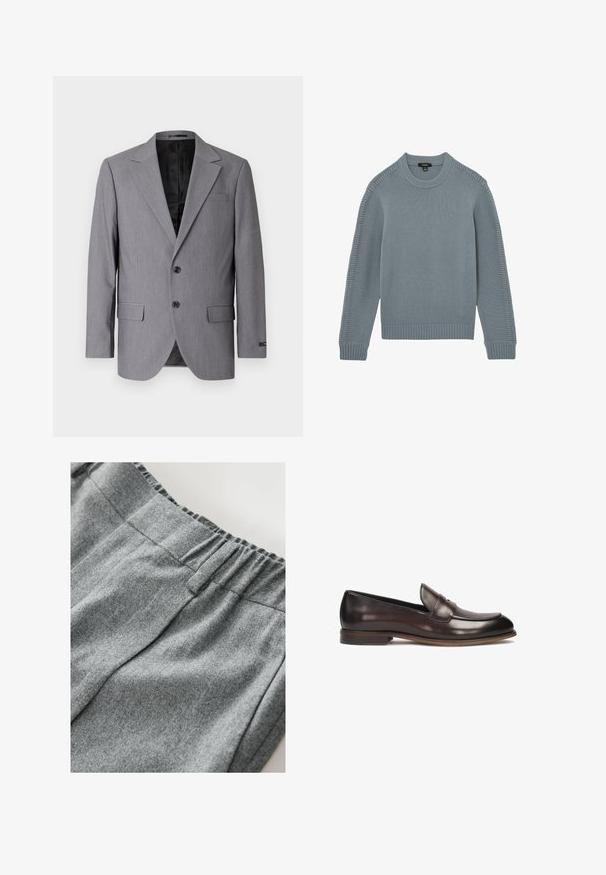 Grauer Blazer mit glatter Textur, einreihigem Design, Reverskragen, zwei Knöpfen und zwei Seitentaschen; gefüttertes Innenfutter sichtbar.; Hellblauer gestrickter Pullover mit langen Ärmeln, geripptem Rundhalsausschnitt, Bündchen, Saum und gemustertem Strickdetail entlang der Ärmel.; Grauer Sweatshirtstoff mit weicher Textur, ausgestattet mit einem elastischen Bund und dezenten Nähten. Nahaufnahme des Materials.; Dunkelbraune Lederloafers mit abgerundeter Spitze, erhobenem Steppdetail und leichtem Absatz. Glatte Textur und klassisches Design.