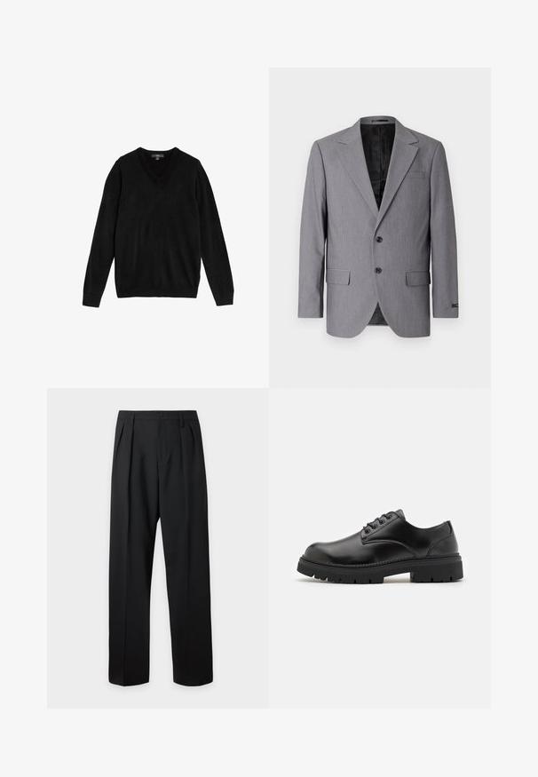 Grauer Blazer mit glatter Textur, einreihigem Design, Reverskragen, zwei Knöpfen und zwei Seitentaschen; gefüttertes Innenfutter sichtbar.; Schwarzer V-Ausschnitt-Pullover aus weichem, gestricktem Stoff. Lange Ärmel, gerippte Bündchen und Saum, schlichtes Design ohne Muster oder Akzente.; Schwarze formelle Hose mit Bundfalten, Gürtelschlaufen und Knopfverschluss in der Taille, vor einem einfarbigen hellen Hintergrund dargestellt.; Schwarze Lederschuhe mit runder Zehenform, Schnürdesign und einer dicken, strukturierten Gummisohle. Sie verfügen über eine Naht entlang des Randes und haben eine glatte Oberfläche.