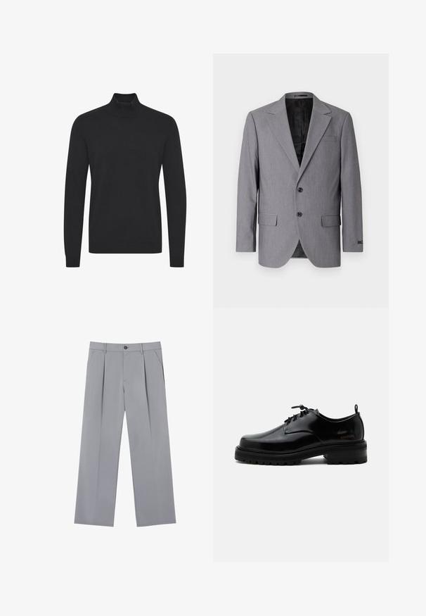 Sivý blazer s hladkou textúrou, jednoradový design, zárezové klopy, dva gombíky a dva bočné vrecká; viditeľné podšívkové vnútro.; Čierny rolák vyrobený z hladkého materiálu, ktorý má dlhé rukávy a rebrované manžety a lem. Jednoduchý, neozdobený dizajn.; Sivé plisované nohavice s voľným strihom, vyrobené z ľahkej látky. Obsahujú predné vrecká a zapínanie na gombík v páse.; Čierna leštená kožená šnurovacia obuv s hrubou gumovou podrážkou a nízkym podpätkom, bočný nápis značky "SAMSOE" a zadné ťahadlo.