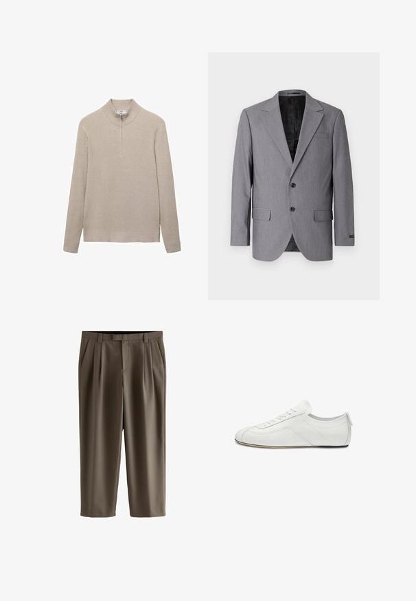 Grauer Blazer mit glatter Textur, einreihigem Design, Reverskragen, zwei Knöpfen und zwei Seitentaschen; gefüttertes Innenfutter sichtbar.; Beige gerippter Pullover mit hohem Kragen und halbem Reißverschluss. Lange Ärmel und ein figurbetonter Saum ergänzen das strukturierte Aussehen.; Braune, maßgeschneiderte Hose mit Falten, Seitentaschen, Gürtelschlaufen und vorderem Reißverschluss.; Weißer Leder-Sneaker mit niedrigem Schaft, Schnürung vorne, dezenten Nahtdetails und flacher, dünner Sohle, seitlich dargestellt.