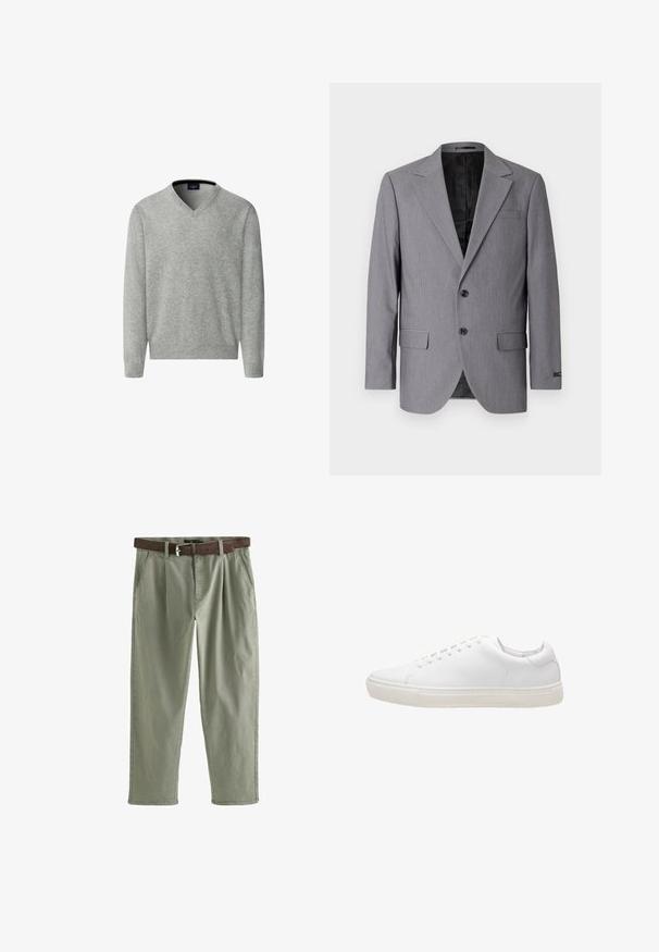 Grå blazer med en glat tekstur, enkeltknappet design, jakkelapper, to knapper og to sidelommer; foret inderside synlig.; Hackett London Striktrøje - metal grey; Lysegrønne bomuldsbukser med en afslappet pasform, der har et brunt læderbælte og forlommer. Struktureret stof med en glat finish.; Hvide lædersneakers med en glat overflade, rund tå, snørebåndslukning og flad gummisål. Minimalistisk design uden synlige mønstre.