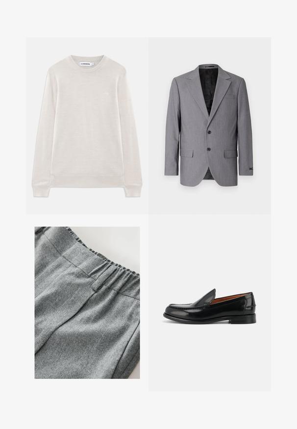 Sivý blazer s hladkou textúrou, jednoradový design, zárezové klopy, dva gombíky a dva bočné vrecká; viditeľné podšívkové vnútro.; Svetlobežový pulóver s dlhým rukávom a okrúhlym výstrihom s rebrovanými manžetami a spodným lemom, diskrétnym logom na ľavej strane hrudi a značkou J.Lindeberg vo vnútri goliera.; Šedý sveter z látky s mäkkou textúrou, ktorý má elastický pás a jemné detailné prešívanie. Detailný pohľad na materiál.; Čierne lesklé kožené slip-on mokasíny s nízkym podpätkom a prešitými detailmi pozdĺž špičky a strán, zobrazené z boku.