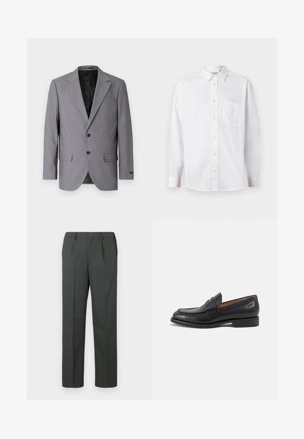 Blazer gris con textura suave, diseño de un solo botón, solapas muesca, dos botones y dos bolsillos laterales; interior forrado visible.; Camisa blanca de manga larga con botones, cuello y bolsillo en el pecho, exhibida sobre un fondo claro y liso.; Pantalones gris ajustados con un diseño de frente plano, pernera recta y cierre de un solo botón, confeccionados en una tela ligera.; Mocasín de hombre de cuero negro con detalles cosidos, tacón bajo apilado y una correa estrecha en la parte superior, mostrado de lado sobre un fondo blanco.