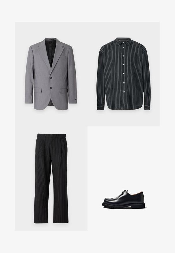 Blazer gris con textura suave, diseño de un solo botón, solapas muesca, dos botones y dos bolsillos laterales; interior forrado visible.; Camisa negra de manga larga con botones, con finas rayas verticales blancas, un bolsillo en el pecho, tela suave y diseño de cuello clásico.; Jack & Jones Classic Wide Leg Fit - Pantalones - black; Zapato de cuero negro con puntera redonda, diseño con cordones, detalles de costura y suela de goma texturizada. Superficie lisa con un acabado brillante.
