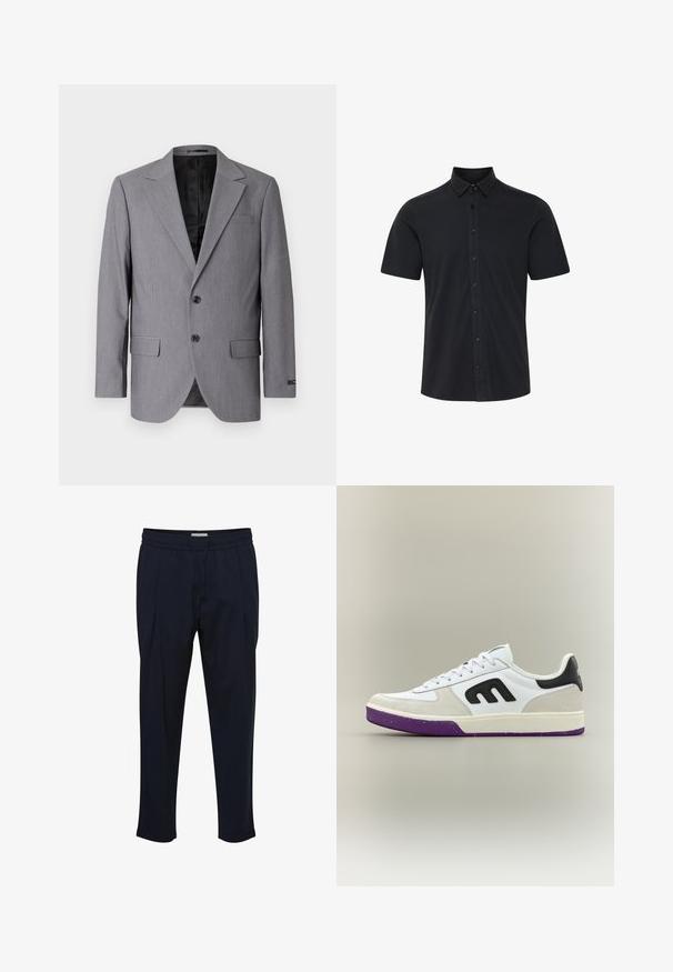 Grå blazer med en glat tekstur, enkeltknappet design, jakkelapper, to knapper og to sidelommer; foret inderside synlig.; Korte ærmer sort skjorte lavet af bomuld, med knaplukning foran, krave og enkelt design uden mønstre eller accenter.; Marineblå skræddersyede bukser med snoretræk i taljen, plisseret front og tætsiddende ankler. Fremstillet af et glat, let materiale.; Lav profil sneaker i hvid og lysegrå ruskind med sort logo detalje og lilla prikket sål, vist i sideprofil på neutral baggrund.