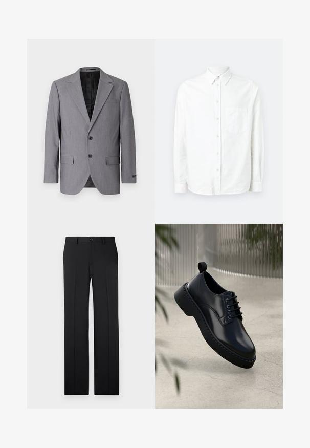 Grijze blazer met een gladde textuur, enkelvoudig gekleed ontwerp, notch revers, twee knopen en twee zijzakken; gevoerde binnenkant zichtbaar.; Witte lange mouwen knoopshirt gemaakt van lichtgewicht stof. Heeft een voorzak, klassieke kraag en een subtiele textuur.; Zwarte, op maat gemaakte broek met een rechte pijp, zachte stof, voorvouwen en een enkele knoopsluiting in de taille.; Zwarte leren schoen met een ronde neus, vetersluiting en een dikke rubberen zool met een gestructureerde rand. Strakke afwerking en minimale hardware.