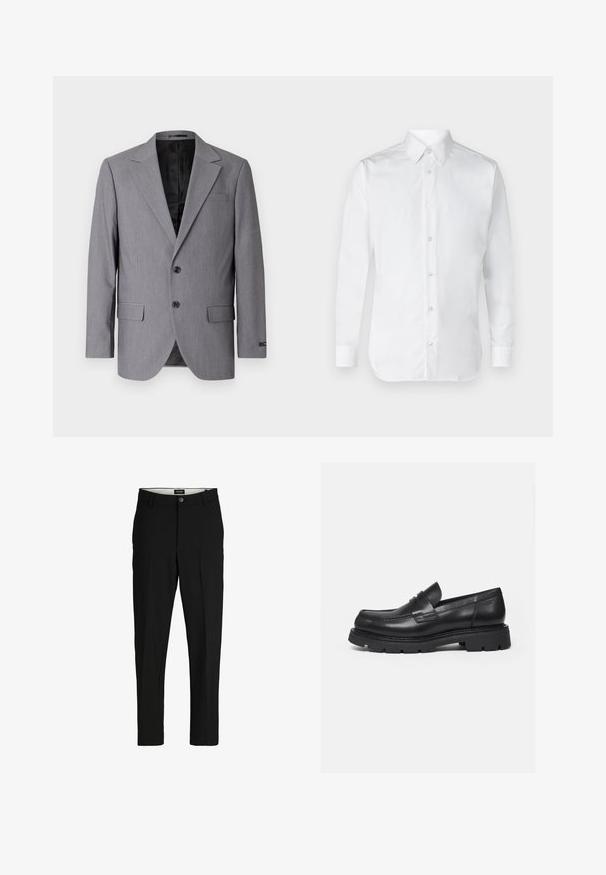 Grauer Blazer mit glatter Textur, einreihigem Design, Reverskragen, zwei Knöpfen und zwei Seitentaschen; gefüttertes Innenfutter sichtbar.; Weißes Hemd mit langen Ärmeln, aus glattem Baumwollstoff, mit einem klassischen Kragen und subtiler Glanz. Fünf Knöpfe vorne.; Schwarze Hosen aus glattem Stoff, mit maßgeschneidertem Design, geraden Beinen, zwei Fronttaschen und einem Knopfverschluss.; Schwarzer Lederloafer mit dicker, profilierter Sohle und Pennyriemen-Detail, von der rechten Seitenansicht auf weißem Hintergrund gezeigt.
