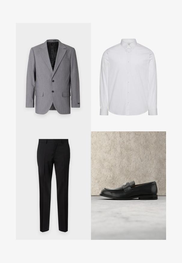 Blazer gris con textura suave, diseño de un solo botón, solapas muesca, dos botones y dos bolsillos laterales; interior forrado visible.; Camisa blanca de manga larga con botones, hecha de algodón. Presenta un cuello estándar, tapeta frontal con botones y dobladillo redondeado. Logo de la marca discreto.; Pantalones negros de corte ajustado, hechos de una tela suave, con pernera recta, detalles de pinzas refinadas y una cinturilla clásica con ojales para cinturón.; Mocasín de cuero negro con una placa metálica de marca apoyado cerca de una mesa redonda marrón sobre un suelo alfombrado beige.