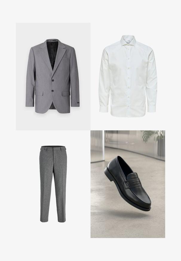Blazer gris avec une texture lisse, design à boutonnière simple, revers crantés, deux boutons et deux poches latérales ; intérieur doublé visible.; Chemise blanche à manches longues avec fermeture par boutons sur le devant et col pointu, présentée sur fond blanc.; Pantalon gris en mélange de laine à coupe droite, avec un devant plat, des passants de ceinture et une finition texturée.; Mocassin en cuir noir à texture lisse, bout pointu et bande décorative sur le cou-de-pied. Semelle légère, design minimaliste.