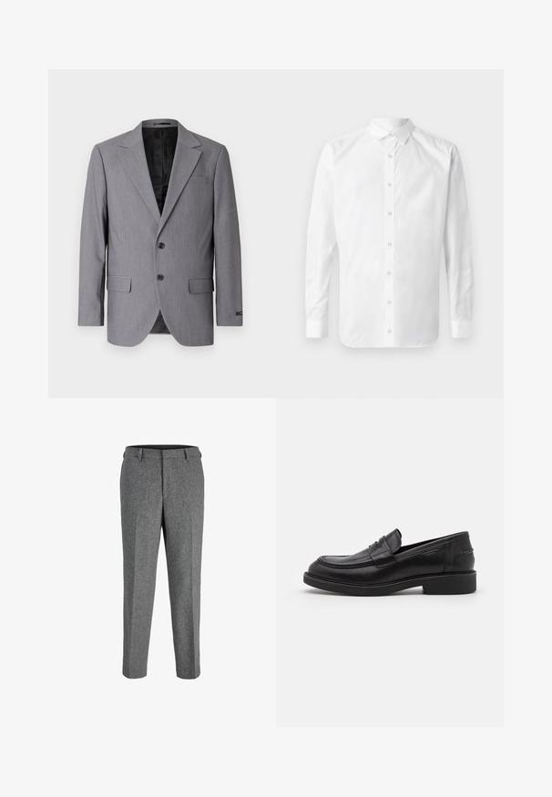 Grå blazer med en glat tekstur, enkeltknappet design, jakkelapper, to knapper og to sidelommer; foret inderside synlig.; Hvid langærmet skjorte med knapper, klassisk krave, frontplacket med knapper og en glat bomuldsstruktur.; Grå uldblandede bukser med lige snit, der har en flad front, bæltestropper og en struktureret finish.; Sorte læder loafers med en rund tå, tonale syninger og en stropdetalje foran. Gummisål med en lav hæl.