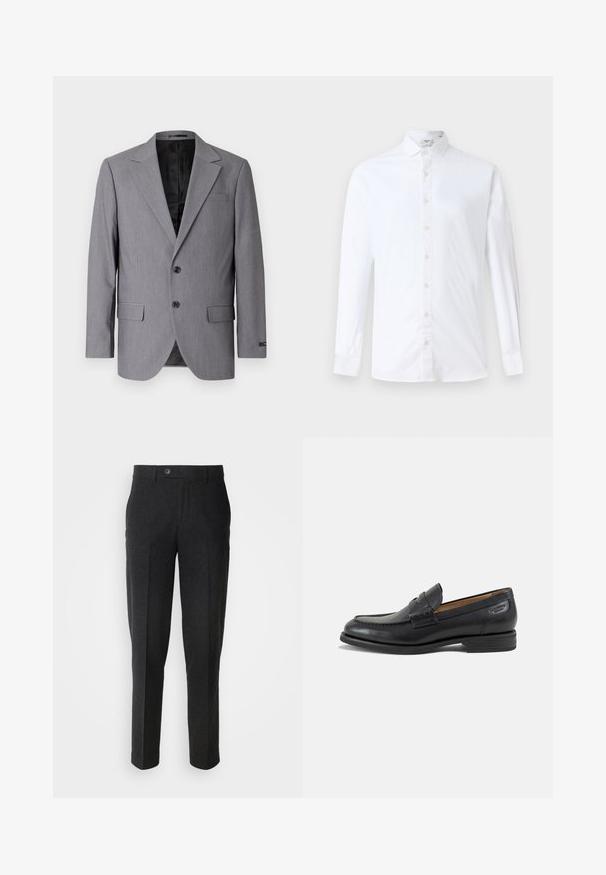Grå blazer med en glat tekstur, enkeltknappet design, jakkelapper, to knapper og to sidelommer; foret inderside synlig.; Hvid langærmet skjorte med knapper i bomuld, med klassisk krave, lige snit og en glat tekstur med matchende knapper.; Lindbergh Bukser - black melange; Sort læder herresko med syninger, lav stakket hæl og en smal rem over overdelen, vist fra siden på en hvid baggrund.