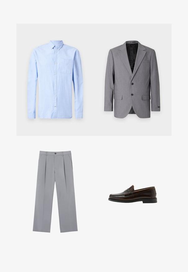 Sivý blazer s hladkou textúrou, jednoradový design, zárezové klopy, dva gombíky a dva bočné vrecká; viditeľné podšívkové vnútro.; Svetlo modrá košeľa s dlhým rukávom a gombíkmi, vyrobená z jemnej látky, s gombíkovým golierom a jedným vreckom na hrudi.; Sivé plisované nohavice s voľným strihom, vyrobené z ľahkej látky. Obsahujú predné vrecká a zapínanie na gombík v páse.; Tmavohnedý kožený penny loafer s prešitým vzhľadom v tvare mokasín, nízkym podpätkom a hladkým povrchom, zobrazený v bočnom profile na bielom pozadí.