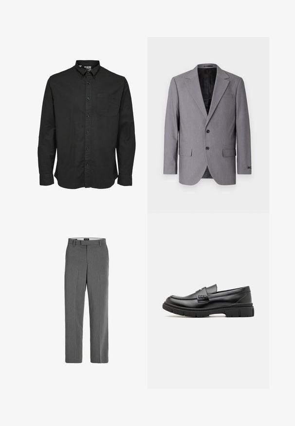 Grå blazer med en glat tekstur, enkeltknappet design, jakkelapper, to knapper og to sidelommer; foret inderside synlig.; Sort langærmet skjorte med knapper i bomuldsstof, med standard krave, brystlomme og matchende sorte knapper.; Grå bukser med en glat tekstur, lige ben-design og subtilt lodret mønster. Har remsløjfer samt for- og baglommer.; Sort læder loafersko med en bred rem over forfoden, gummisål med tykke mønstre og glat overflade. Klassisk, slankt design.