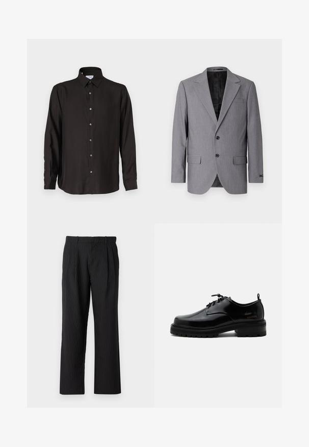 Grå blazer med en glat tekstur, enkeltknappet design, jakkelapper, to knapper og to sidelommer; foret inderside synlig.; Sort langærmet skjorte lavet af glat stof, med knaplukning foran, spidse krave og afrundet kant med kontrasterende knapper.; Jack & Jones JPSTBILL JJDAYTONA WIDE CHINO - Chino - black; Sort poleret læder snørestøvle med tyk gummisål og lav hæl, sideskilt med mærketekst "SAMSOE" og bageste træksnor.