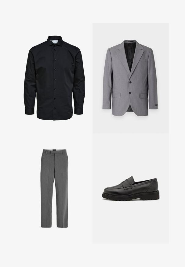 Grå blazer med en glat tekstur, enkeltknappet design, jakkelapper, to knapper og to sidelommer; foret inderside synlig.; Herre langærmet sort skjorte med knaplukning foran og klassisk krave, lavet af glat stof.; Grå bukser med en glat tekstur, lige ben-design og subtilt lodret mønster. Har remsløjfer samt for- og baglommer.; Sort læder loafersko med rund tå, syningsdetaljer og en tyk, struktureret sål. Har et elegant, minimalistisk design.