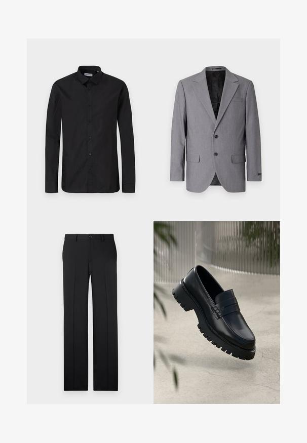 Grå blazer med en glat tekstur, enkeltknappet design, jakkelapper, to knapper og to sidelommer; foret inderside synlig.; Sorte langærmede skjorte med klassisk krave, lavet af glat stof, med frontknapper og en almindelig pasform.; Sorte, skræddersyede bukser med lige ben, glat stof, pressefolder foran og en enkelt knaplukning i taljen.; Sorte læder loafers med en chunky sål, der har en dekorativ rem og syninger. Glat tekstur med en poleret overflade.