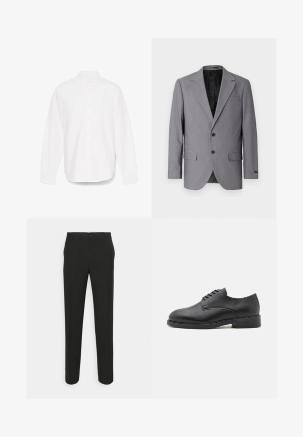 Grauer Blazer mit glatter Textur, einreihigem Design, Reverskragen, zwei Knöpfen und zwei Seitentaschen; gefüttertes Innenfutter sichtbar.; Weißes Hemd mit langen Ärmeln, Knopfverschluss und spitzem Kragen, mit einer einzelnen Tasche und einem dezent strukturierten Stoff. Mit Button-Manschetten und geradem Saum.; Schwarze, maßgeschneiderte Hose mit geradem Schnitt, ausgestattet mit einem einzelnen Knopfverschluss und Gürtelschlaufen. Glattes, mattes Material ohne Muster.; Schwarze Leder-Oxfordschuhe mit runder Zehenform, glatter Oberfläche, fünf Ösen für die Schnürung und niedrigem, gestapeltem Absatz.