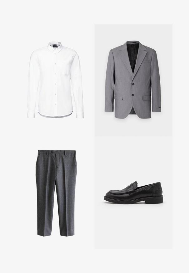 Grauer Blazer mit glatter Textur, einreihigem Design, Reverskragen, zwei Knöpfen und zwei Seitentaschen; gefüttertes Innenfutter sichtbar.; Weißes Langarmhemd aus Baumwolle mit einem Button-Down-Kragen, Fronttasche und abgerundetem Saum mit knopfbaren Manschetten.; Graue Anzugshosen mit dezentem Karomuster, vorn mit Knopf und Reißverschluss, Gürtelschlaufen und Seitentaschen.; Schwarze Lederloafer mit abgerundetem Zeh, farblich abgestimmtem Nähen und einem Riemendetail an der Vorderseite. Gummi-Sohle mit niedrigem Absatz.