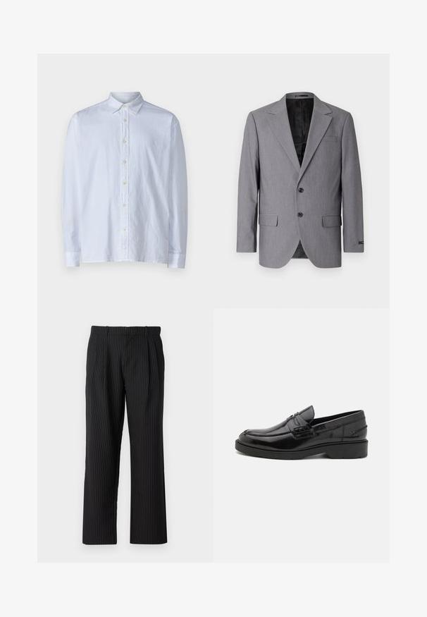 Grijze blazer met een gladde textuur, enkelvoudig gekleed ontwerp, notch revers, twee knopen en twee zijzakken; gevoerde binnenkant zichtbaar.; Witte button-up shirt van lichtgewicht stof, met een puntige kraag, lange mouwen en een rij gele knopen aan de voorkant.; Jack & Jones Classic Wide Leg Fit - Broek - black; Zwarte leren instappers met een gladde afwerking, ronde neus, lage hak en decoratieve stiksels aan de voorkant. Rubberen buitenzool voor grip.