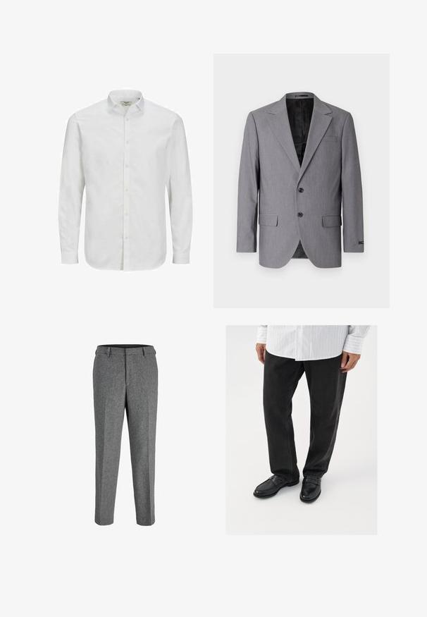 Grå blazer med en glat tekstur, enkeltknappet design, jakkelapper, to knapper og to sidelommer; foret inderside synlig.; Hvid, langærmet skjorte med knaplukning lavet af bomuld, med klassisk krave, lige snit og subtil struktur. Standard knaplukning.; Grå uldblandede bukser med lige snit, der har en flad front, bæltestropper og en struktureret finish.; Sorte denimbukser parret med skinnende sorte loafers. Skjorten er hvid med tynde lodrette striber, har lange ærmer og en knapkrave.