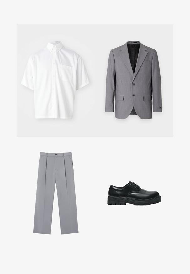 Blazer gris avec une texture lisse, design à boutonnière simple, revers crantés, deux boutons et deux poches latérales ; intérieur doublé visible.; Chemise blanche à manches courtes en tissu lisse, avec un col boutonné et une poche avant sur le côté gauche.; Pantalons plissés gris à coupe décontractée, en tissu léger. Comprend des poches avant et une fermeture à bouton à la taille.; Chaussure en cuir noir à lacets avec une semelle épaisse rainurée et un bout arrondi, vue de profil sur fond blanc.
