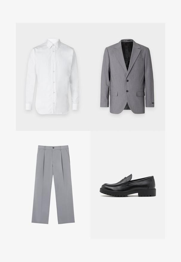 Grauer Blazer mit glatter Textur, einreihigem Design, Reverskragen, zwei Knöpfen und zwei Seitentaschen; gefüttertes Innenfutter sichtbar.; Weißes Hemd mit langen Ärmeln, aus glattem Baumwollstoff, mit einem klassischen Kragen und subtiler Glanz. Fünf Knöpfe vorne.; Grau gefaltete Hose mit entspannter Passform, aus leichtem Stoff gefertigt. Verfügt über Vordertaschen und einen Knopfverschluss an der Taille.; Schwarze Lederloafers mit runder Zehenform, eleganter Schlupfdesign und dicker Gummisohle mit strukturiertem Griff. Erhöhter Absatz und dezente Nähdetails.
