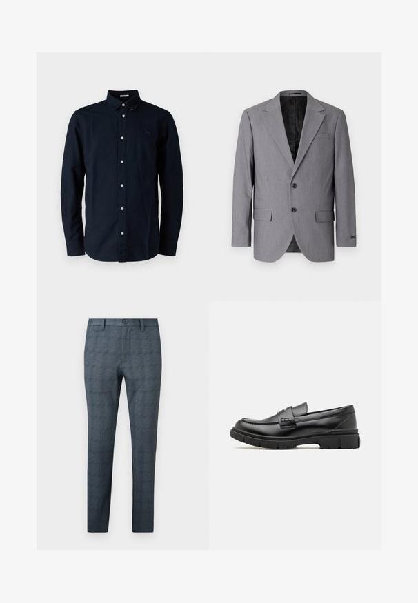 Grå blazer med en glat tekstur, enkeltknappet design, jakkelapper, to knapper og to sidelommer; foret inderside synlig.; Marinblå knap-op skjorte lavet af bomuld, med klassisk krave, lange ærmer og et lille broderet logo på brystet.; Slim-fit herre-dressbukser i blågrå med et subtilt ternet mønster, frontknap, bæltestropper og et fladt frontdesign.; Sort læder loafersko med en bred rem over forfoden, gummisål med tykke mønstre og glat overflade. Klassisk, slankt design.