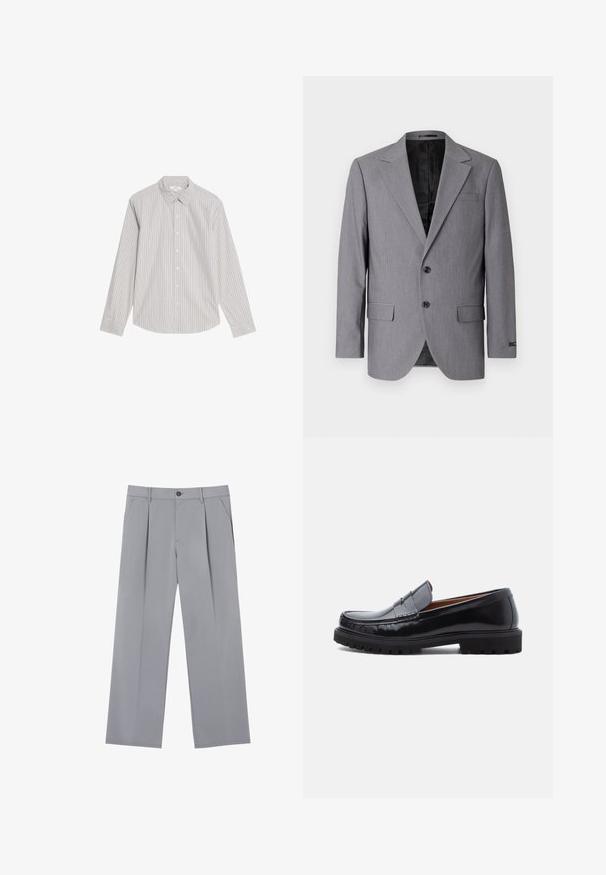 Grå blazer med en glat tekstur, enkeltknappet design, jakkelapper, to knapper og to sidelommer; foret inderside synlig.; Marks & Spencer STRIPED OXFORD - Skjorter - natural mix; Grå plisserede bukser med en afslappet pasform, lavet af et letvægtsstof. Har forlommer og en knaplukning i taljen.; Sorte læder penny loafer med chunky gummisål og moc toe syninger, vist i profil på en hvid baggrund.