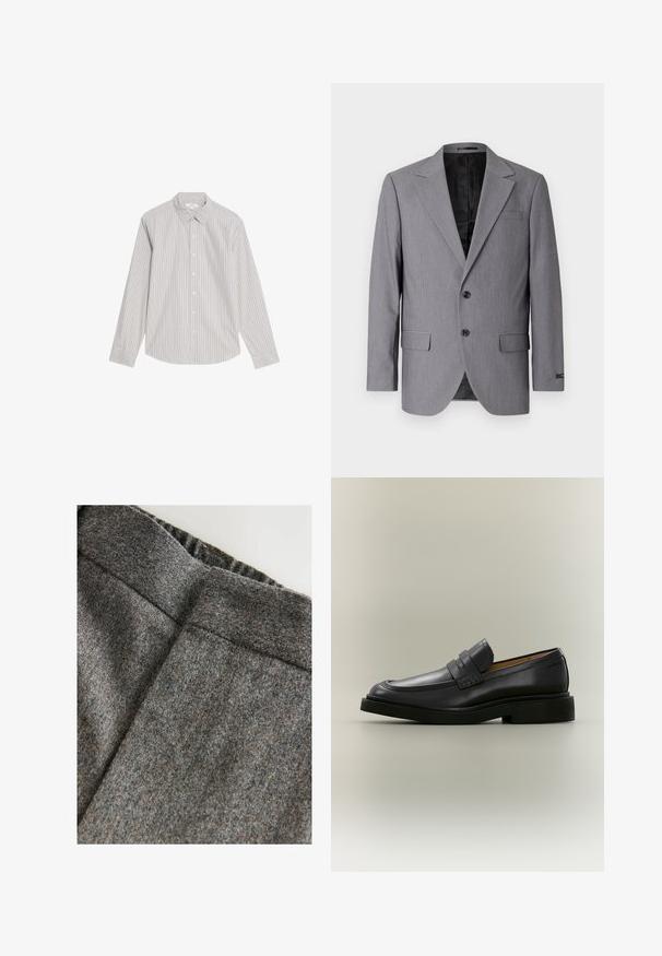 Grå blazer med en glat tekstur, enkeltknappet design, jakkelapper, to knapper og to sidelommer; foret inderside synlig.; Marks & Spencer STRIPED OXFORD - Skjorter - natural mix; Grå uldblandingsbukser med en glat tekstur, der har en bred talje og en ren, klassisk pasform. Subtile farveprikker er til stede.; Sort læder herreloafer med lav hæl og en remdetalje over vristen, vist i profil på en neutral baggrund.
