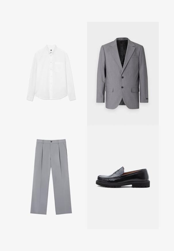 Grå blazer med en glat tekstur, enkeltknappet design, jakkelapper, to knapper og to sidelommer; foret inderside synlig.; Hvid langærmet skjorte med knapper, krave, forlommer og subtil tekstur. Frontlukning har knapper og et lille logo-detalje.; Grå plisserede bukser med en afslappet pasform, lavet af et letvægtsstof. Har forlommer og en knaplukning i taljen.; Sorte læder penny loafer med chunky gummisål og moc toe syninger, vist i profil på en hvid baggrund.