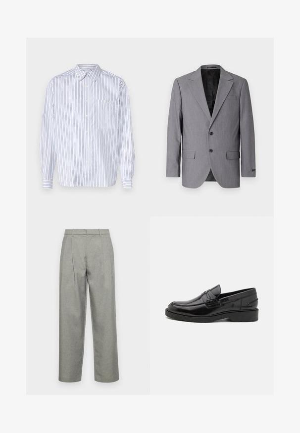Grå blazer med en glat tekstur, enkeltknappet design, jakkelapper, to knapper og to sidelommer; foret inderside synlig.; Hvid skjorte med knapper og lodrette marineblå striber, lange ærmer, en brystlomme og en klassisk krave. Glat stof med en afslappet pasform.; Grå skræddersyede bukser lavet af struktureret stof, med lige ben-design, frontfolder og en standard talje med bæltesløjfer.; Sorte læder loafers med en glat finish, rund tå, lav hæl og dekorativ syning langs forsiden. Gummisål for godt greb.