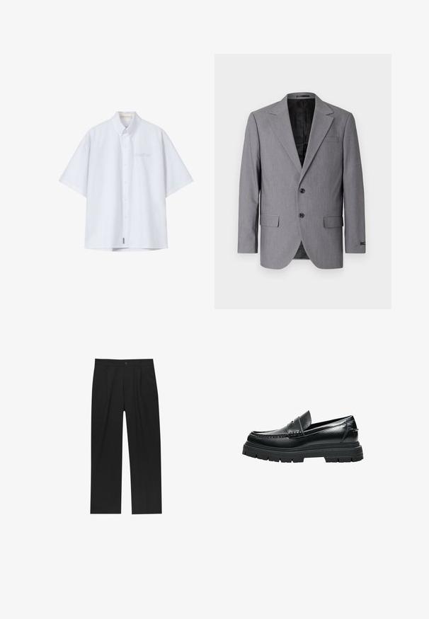 Blazer gris avec une texture lisse, design à boutonnière simple, revers crantés, deux boutons et deux poches latérales ; intérieur doublé visible.; Chemise blanche à manches courtes avec col, boutonnée sur le devant, et texte brodé discret sur la poitrine gauche indiquant "another."; Pantalons noirs au design droit, fabriqués à partir d'un tissu lisse. Dotés de plis sur le devant et d'une fermeture à un bouton à la taille.; Mocassin en cuir noir avec semelle épaisse à crampons et détail de bride penny, vu de profil sur fond blanc.
