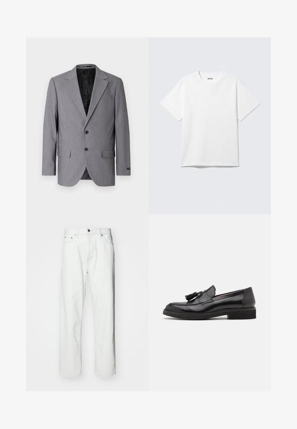 Grå blazer med en glat tekstur, enkeltknappet design, jakkelapper, to knapper og to sidelommer; foret inderside synlig.; Hvid kortærmet crewneck T-shirt lagt fladt ud, ensfarvet design, med "WEEKDAY" mærkat inde i kraven på en lys baggrund.; Hvide denimbukser med lige pasform, fem-lomme design, knaplukning og subtile syninger. Glat tekstur og minimalistisk stil.; Sorte læder loafers med frynse detalje, afrundet tå og en tekstureret sål. Har en glat finish og minimalistisk design.