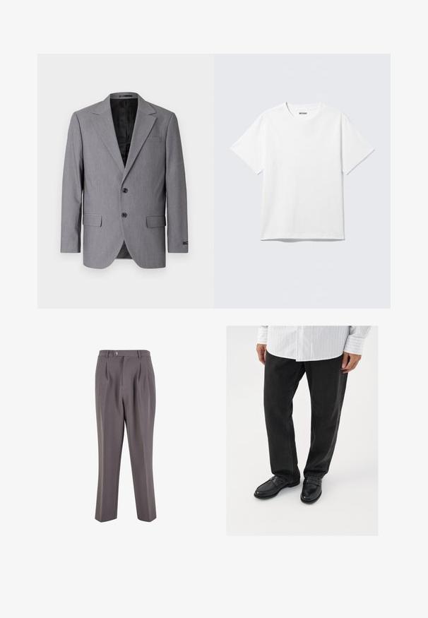 Sivý blazer s hladkou textúrou, jednoradový design, zárezové klopy, dva gombíky a dva bočné vrecká; viditeľné podšívkové vnútro.; Biely krátky rukáv tričko s okrúhlym výstrihom, na rovine, jednoduchý dizajn, so štítkom "WEEKDAY" vo vnútri goliera na svetlom pozadí.; Sivé plisované nohavice vyrobené z hladkej tkaniny, s rovného strihu, jedným gombíkom na zapínanie a šikmými bočnými vreckami.; Čierne denimové nohavice v kombinácii s lesklými čiernymi polobotkami. Košeľa je biela s tenkými vertikálnymi pruhmi, má dlhé rukávy a zapínanie na gombíky.