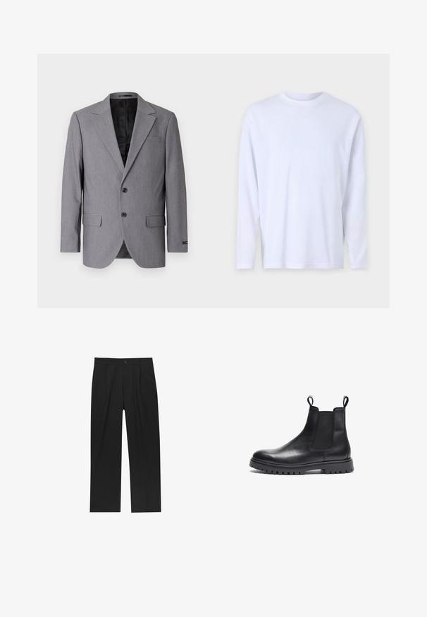 Sivý blazer s hladkou textúrou, jednoradový design, zárezové klopy, dva gombíky a dva bočné vrecká; viditeľné podšívkové vnútro.; Biela dlhá tričko s dlhým rukávom vyrobené z jemnej bavlny, s okrúhlym výstrihom a diskrétnymi švovými detailmi na prednej strane a pleciach.; Čierne nohavice s rovnými nohavicami, vyrobené z hladkej tkaniny. Majú predné puky a jediné gombíkové zapínanie v páse.; Čierne kožené Chelsea čižmy s textúrovaným povrchom, so štrbinovými bočnými panelmi a úchytmi. Sú vybavené robustnou gumovou podrážkou s dezénom.