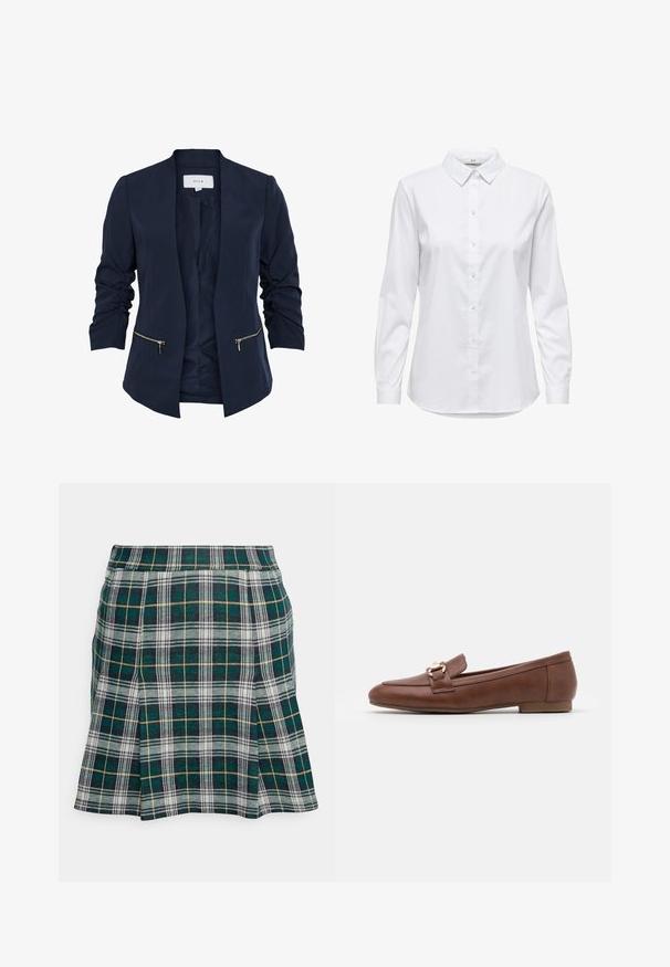 Blazer marine à la texture lisse, manches froncées, devant ouvert et deux poches zippées dorées. Intérieur doublé avec une étiquette au niveau du cou.; Chemise blanche à manches longues, dotée d'un col structuré et d'un ourlet arrondi. Fabriquée à partir d'un tissu lisse et uni, sans motifs ni accents visibles.; Hollister Co. PLEATED MINI SKIRT - Minijupe - green; Mocassins en cuir marron avec une semelle plate, un design surpiqué et un détail de boucle en ton doré sur la bride à travers le coup de pied.