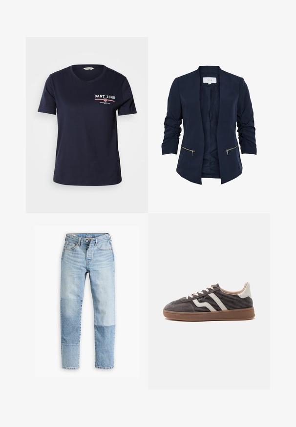 Marineblazer met een gladde textuur, volants mouwen, open voorkant en twee gouden ritszakken. Gevoerde binnenkant met een label bij de hals.; Donkerblauwe katoenen T-shirt met V-hals, korte mouwen, met witte en rode logotekst "GANT 1949" en designelementen op de linkerkant van de borst.; Lichtblauwe denim jeans met een uniek paneelontwerp in verschillende tinten en texturen. Klassiek vijf-pocket model met een ritssluiting.; Enkele donkergrijze sneaker met witte leren accenten, getextureerde zijkanten, witte veters en een bruine rubberen zool, in profiel weergegeven tegen een effen achtergrond.