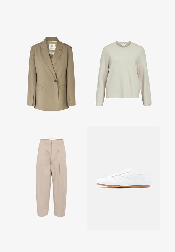 Blazer caqui con solapa de pico, cierre de un botón, dos bolsillos frontales y un forro interior suave. Diseño estructurado con mangas largas.; Suéter de manga larga beige claro con cuello redondo. Fabricado en material de punto texturizado, con hombros ligeramente caídos y un corte relajado.; Pantalones de mezcla de algodón color beige con un ajuste holgado, que presentan pliegues en la parte delantera, una cinturilla y tobillos recortados. Diseño sencillo, sin patrones ni acentos.; Zapatilla blanca de corte bajo con diseño de cordones, parte superior de cuero liso, paneles cosidos sutiles y suela de goma marrón clara.