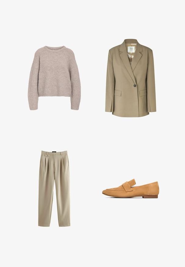Khaki blazer met een notch lapel, enkele knoopsluiting, twee voorzakken en een gladde binnenvoering. Gestructureerd ontwerp met lange mouwen.; Lichtbeige gebreide trui met een relaxte pasvorm, ronde halslijn en lange mouwen. Gelaagd, zacht materiaal met een gezellige uitstraling.; Beige geplooide broek met een relaxte pasvorm, voorzien van een knoopsluiting en riemlussen, gemaakt van een gladde stof met een zachte textuur.; Tan suède instappers met een platte hak, ronde neus en een gestikte band over de wreef voor een verfijnde afwerking.