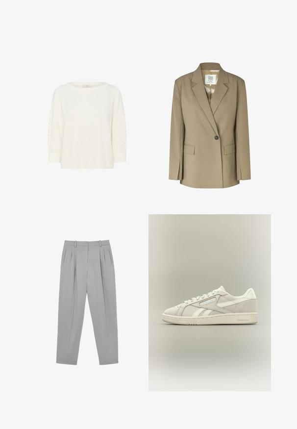 Khaki blazer med en notched klap, enkelt knaplukning, to forlommer og en glat indvendig foring. Struktureret design med lange ærmer.; Kaffe KABETTY - Striktrøje - chalk cc; Lysegrå skræddersyede bukser med forlommer, sidelommer med slidser, bæltestropper og straight-fit ben.; Lav-skoet off-white Reebok sneaker med snørebånd foran, tekstureret sål og subtil Reebok-logo på siden og hælen mod en ensfarvet baggrund.