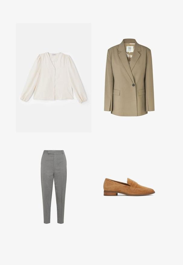 Khaki blazer met een notch lapel, enkele knoopsluiting, twee voorzakken en een gladde binnenvoering. Gestructureerd ontwerp met lange mouwen.; Ivoorblouse met lange opgeblazen mouwen, V-hals en een sluiting met knopen aan de voorkant. Glad materiaal, met een ontspannen pasvorm en geplooide schoudernaden.; Grijze gestreepte broeken met een getailleerde pasvorm, met een hoge taille, rechte pijpen en een gladde textuur. De streepjes zijn in een contrasterende kleur.; Loafer van lichtbruine suède met een lage gestapelde hak en een brede riem over het wreef, zijaanzicht tegen een witte achtergrond.