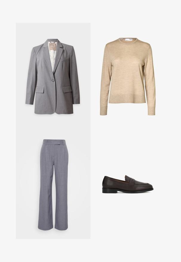 Blazer gris claro a medida con un solo botón, solapas con muesca y bolsillos con solapa, presentado sobre un fondo blanco liso.; Jersey de lana beige de manga larga con cuello redondo y puños y bajo acanalados, mostrado sobre un fondo blanco.; Pantalones de pierna ancha en gris, confeccionados con una tela texturizada. Cuentan con una cinturilla plana con presillas y pliegues en la parte delantera para un detalle adicional.; Mocasines de cuero marrón con acabado liso, punta redondeada y detalle decorativo frontal. Suela resistente y ligera elevación del tacón.